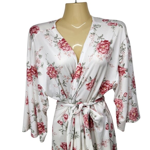 Floral Kimono Robe Belt L 93% Polyester & 7% Spandex‎ White & Pink Rose Pattern - Picture 4 of 9